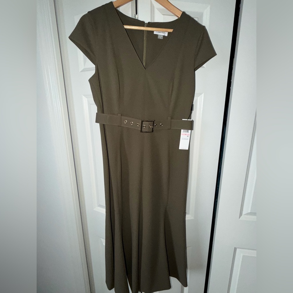 Calvin Klein Olive Green Midi Dress with Belt NWT size 10